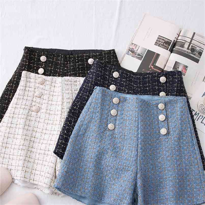 High Waist Tweed Shorts Women Casual Loose Ladies Fashion Spring Autumn Slim Button All-match 210714