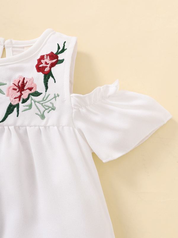 Baby Floral Embroidery Cold Shoulder Puff Sleeve Dress SHE
