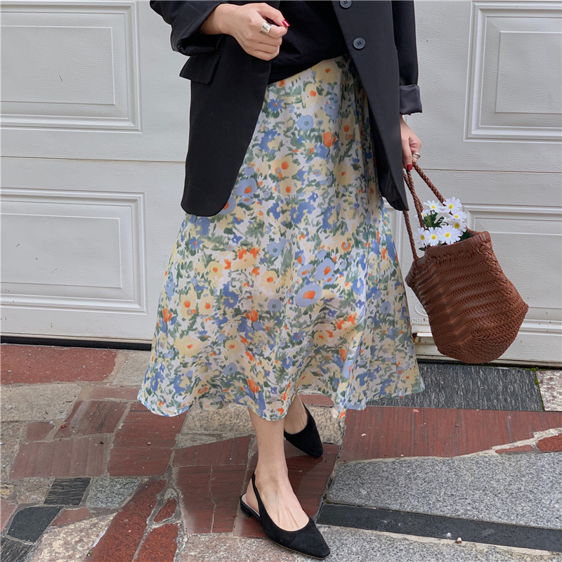 High Waist A-line Skirts Womens korean style Summer Autumn Vintage Midi Woman Print Floral Elegant Long Skirt 9945 210512