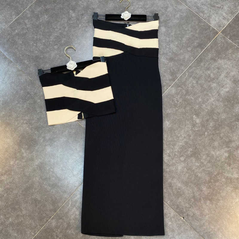 DEAT Women Elastic Temperament Contrast Color Striped Slim Bra High Waist Mid Dress Fashion Spring Summer 11B052 210709