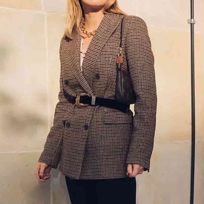 elegant women plaid brwon blazer jackets fashion ladies chic long suits casual female streetwear girls vintage 210430