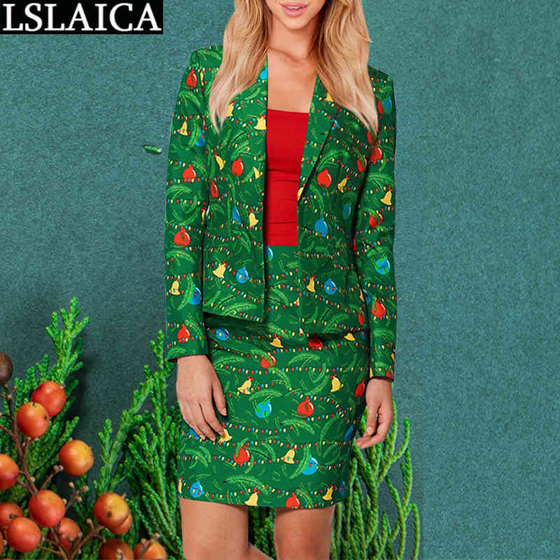 2 Pc Set for Women Floral Print Long Sleeve Blazers Tops Mini Skirt Sets Autumn Winter Office Lady Christmas Two Piece Outfits 210520