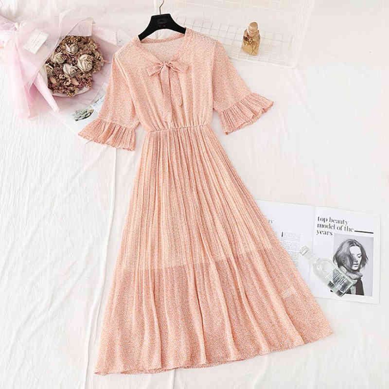Summer Short Sleeved Chiffon Dress Women Bow Floral Ruffled Pleated Dresses Elastic Waist Print Female Mid-calf Vestidos 210521