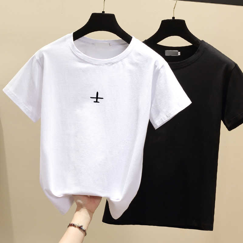 Will ~ the plane embroidery T-shirt female cotton white render t-shirts loose summer wear short-sleeved blouse students 210604
Will ~ the plane embroidery T-shirt female cotton white render t-shirts loose summer wear short-sleeved blouse students 210604