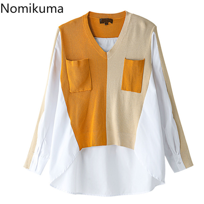 Nomikuma Spring Knitted Hit Color Patchwork Women Blouse Coat Long Sleeve V-beck Blusas Femme New Oversized Shirt 6F424 210427