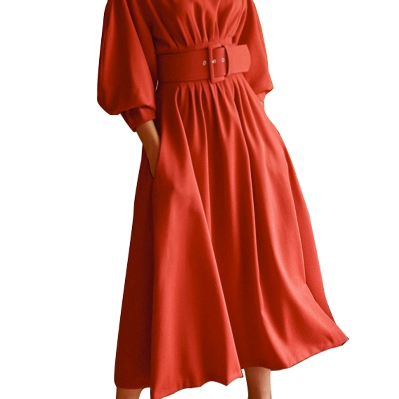 DEAT Spring and summer waist folded red show thin seven point Lantern Sleeve high waist dress pullover vestido tide WR30303L 210428