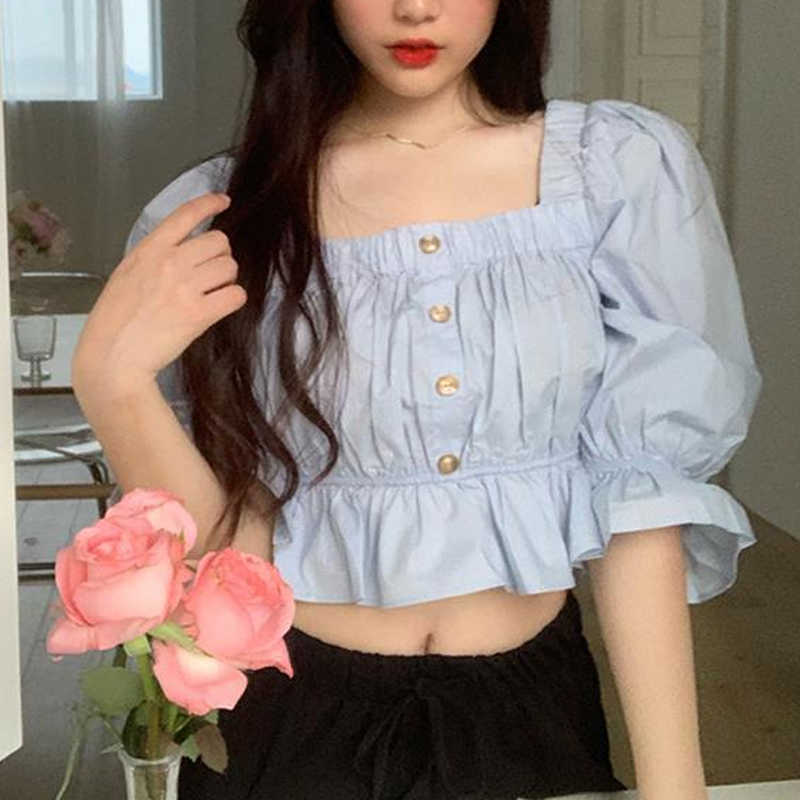 Blue French Square Collar Ruffles Blouse Women Korean Design Short Casual Sexy Tops Female Summer Loose Puff Sleeve Clothes 210604, Blue blouses
Blue French Square Collar Ruffles Blouse Women Korean Design Short Casual Sexy Tops Female Summer Loose Puff Sleeve Clothes 210604, Blue blouses