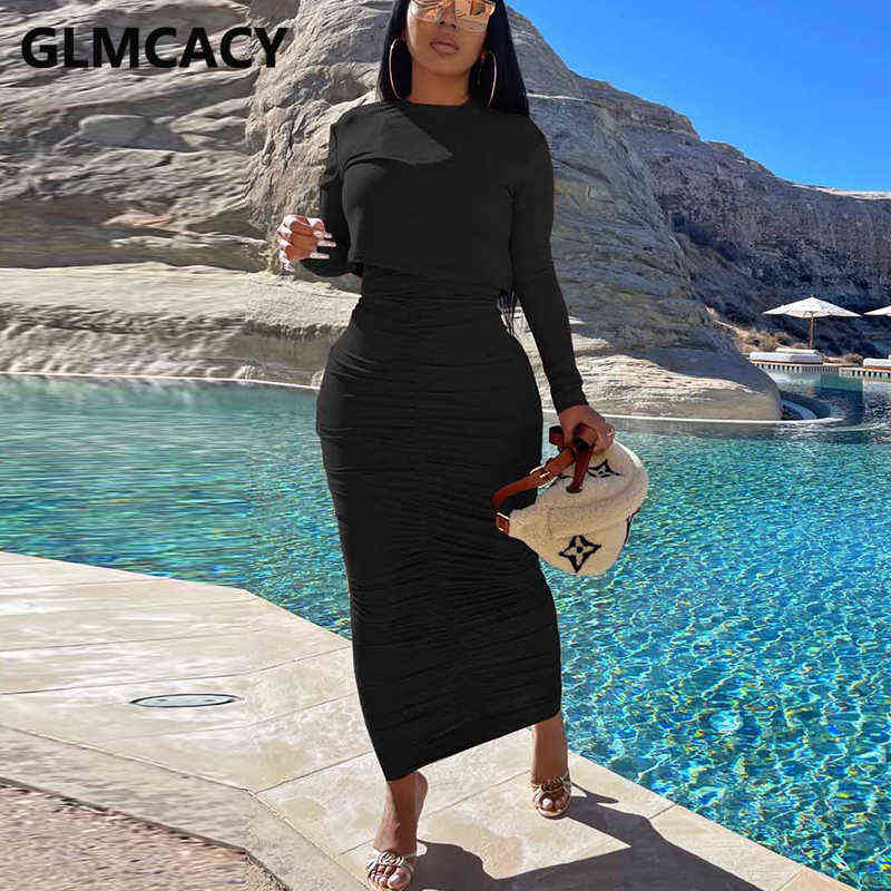 Women Two Piece Ruched Dress Set Long Sleeve Crop Top & Casual Maxi Skirt 211106