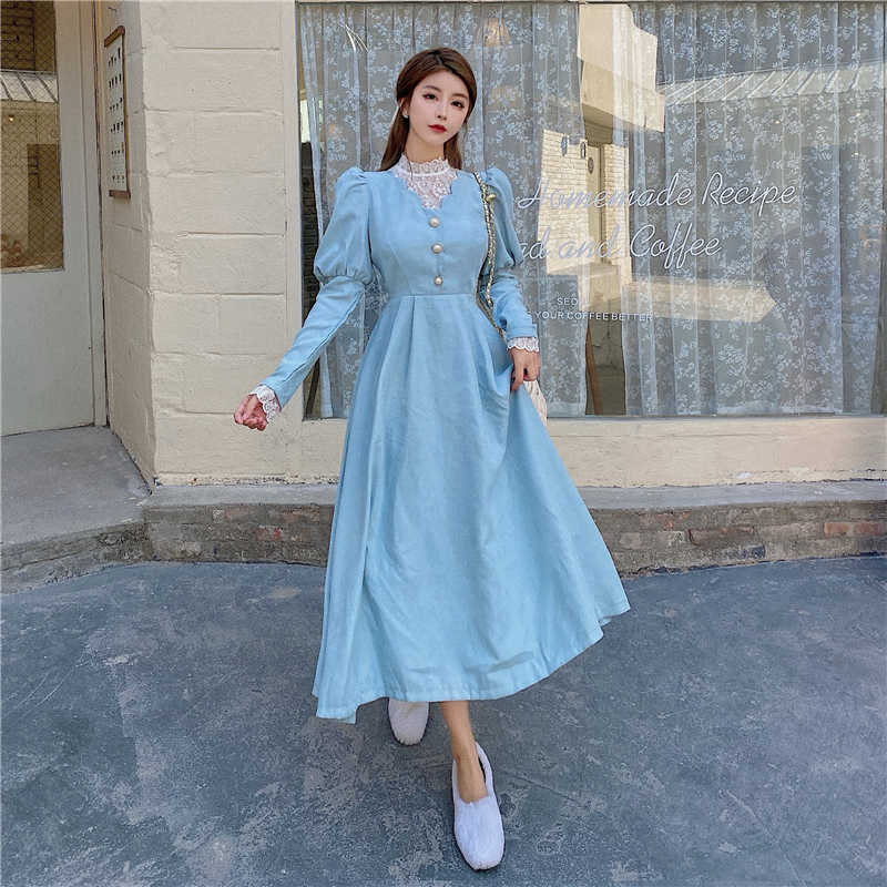 Solid Elegant Dress Women Winter Patchwork Lace Party Midi Dress Female Casual French Style Sweet Kawaii Korean Dress Women 210630