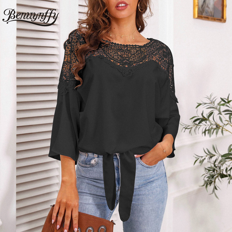 Round Neck Solid Hollow out Lace Shoulder Chiffon Blouse Summer 3/4 Sleeve Tie Hem Casual Womens Tops and Blouses 210510