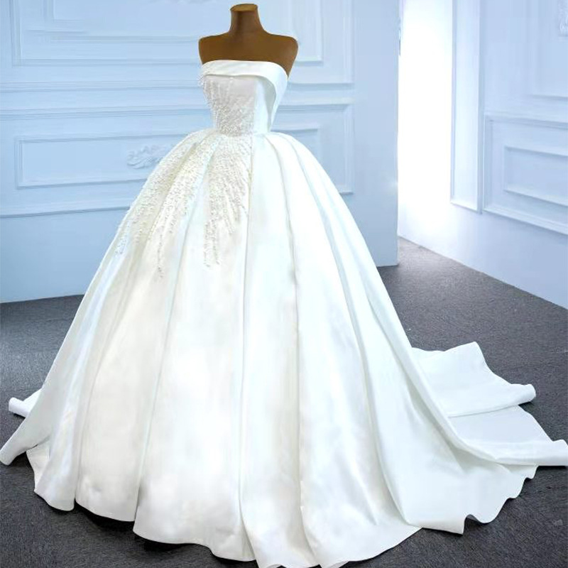 Elegant Dresses Strapless Sleeves Less Pearl Satin Wedding Dress Custom Made Vestidos De Novia
