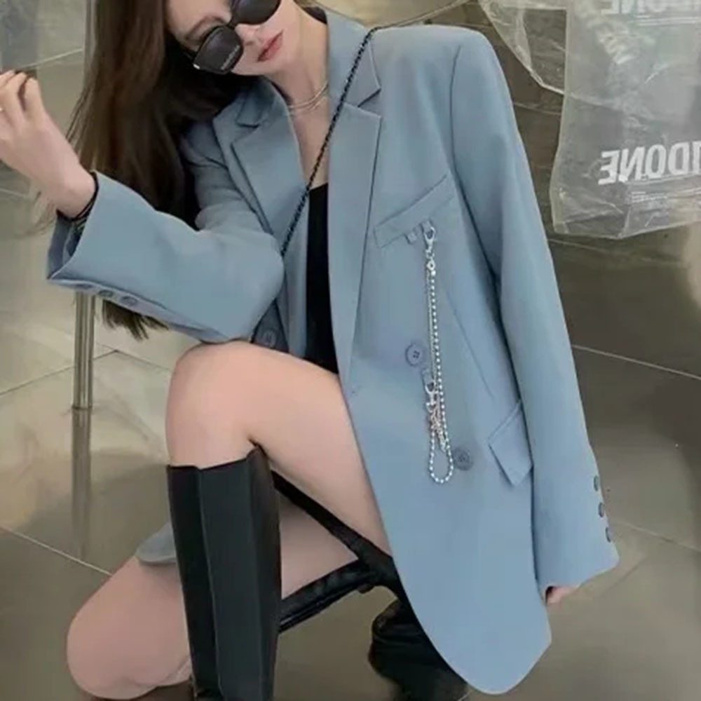 Women Elegant Blazer Chain Decorate Long Sleeve Double Breasted Coat Office Work Suit Jacket Outerwear 210520