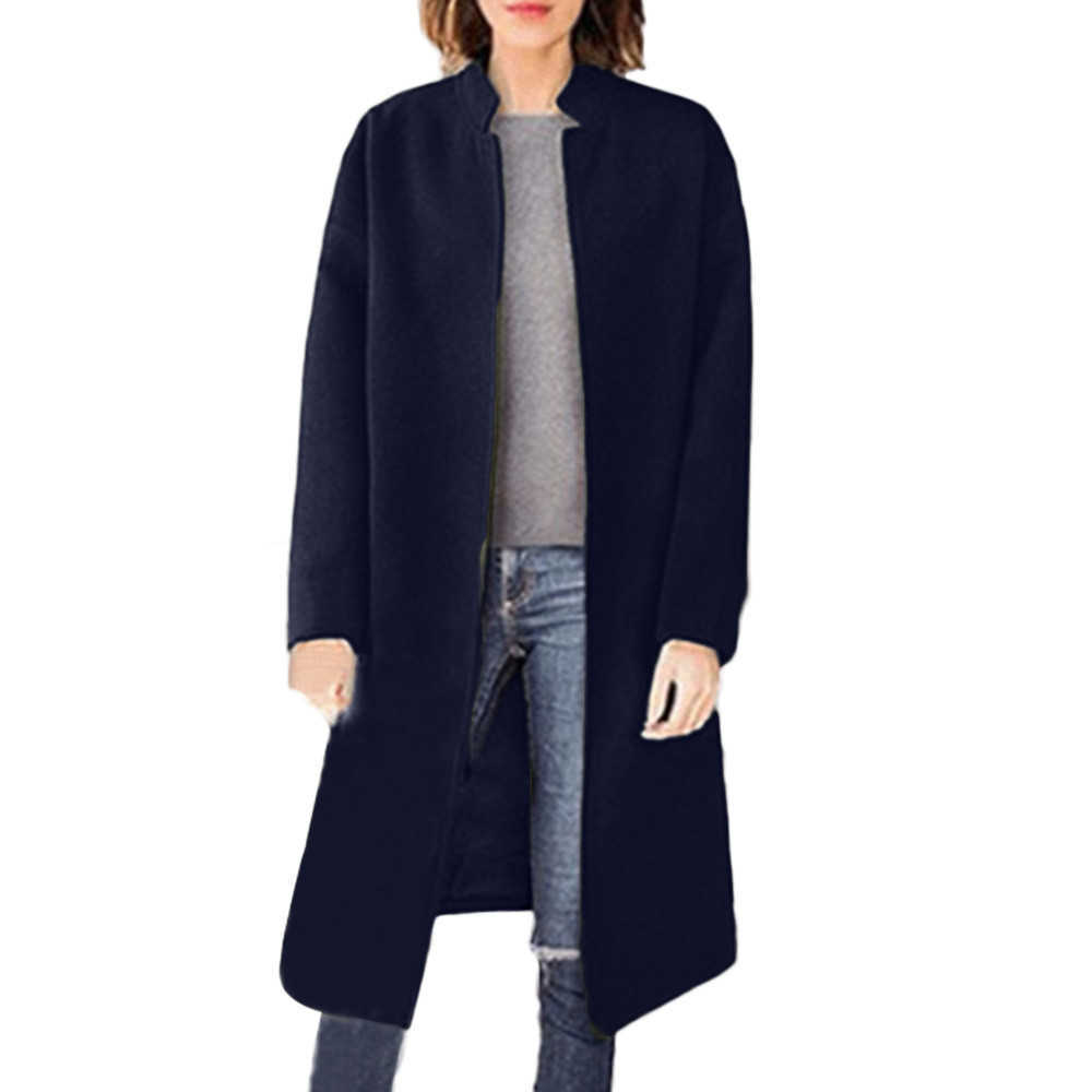 Women Blend Coat Winter Fashion Warm Stand Collar Wool Cardigan Jacket Casual Loose Parka Overcoat Plus Size Long Seleve Outwear 210526