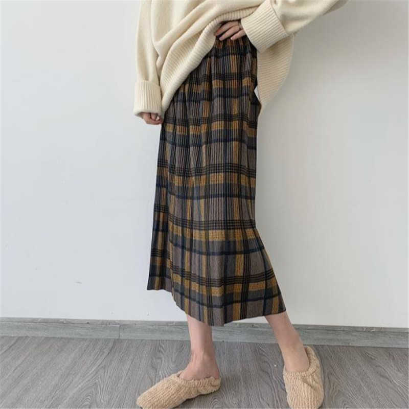 High Quality Winter Wool Long Pleated Skirt Women'S Korean Style High Waist Midi Plaid Skirt Female Vintage Plus Size Clothes 210619wtt