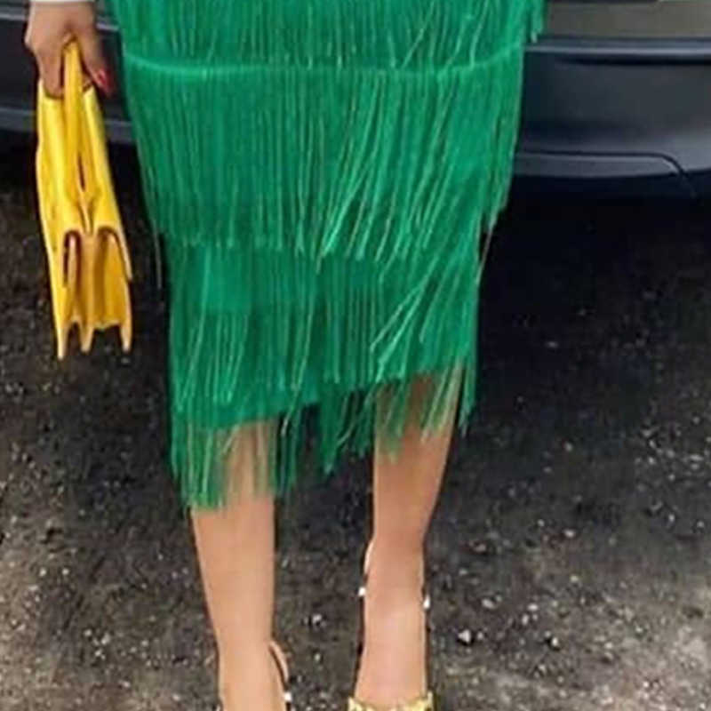 Green Fringe Bodycon Pencil Skirts Tassel High Waist Women Stretch Sheath Midi Length Ladies Slim Jupe Saias faldas Plus Size 210619