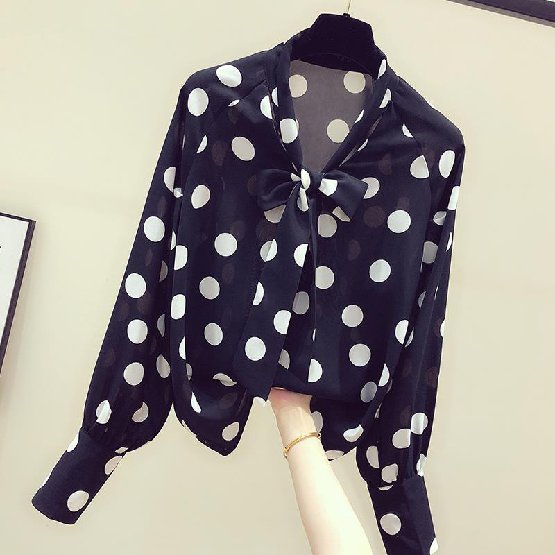 Women Spring Autumn Style Chiffon Blouses Shirts Lady Casual Bow Tie Collar Polka Dot Printed Blusas Tops DF3013 210317