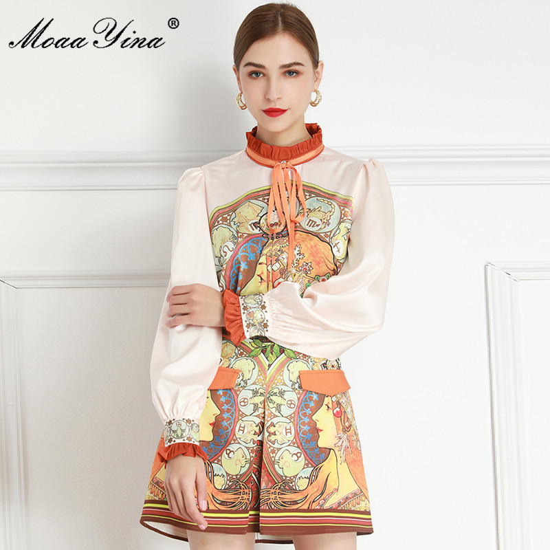 Fashion Set Spring Women's Long sleeve Twelve constellations Print Blouses Tops+Shorts Two-piece set 210524