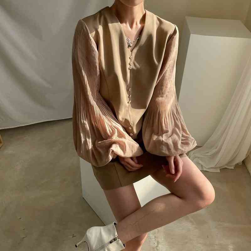 Spring Korean Chic V-neck Women Dresses Elegant Lantern Sleeve Solid Vestidos Vintage Patchwork Loose Femme Robe 210519
