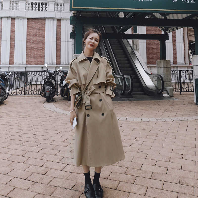Autumn Women Trench Coat With Belt Clothes Blue Casaco Feminino Harajuku Abrigo Mujer Long Femme 210914