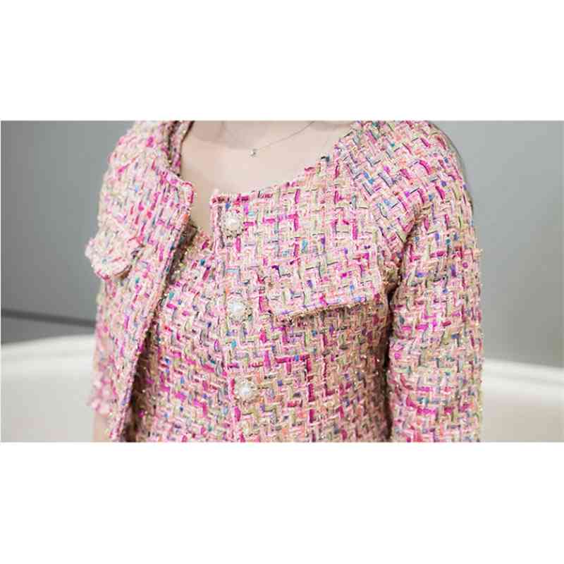 Autumn Runway Pink Tweed 2 Piece Dress Set Winter Women Half Sleeve Short Jacket Coat + Mini Tank Wool Suits 210520