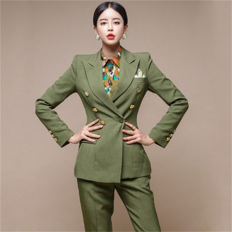 Ladies Autumn Winter Suit Office Work Double Breasted Blazer Trouser Set Fashion Business Pant Suits for Women Formal Pantsuit 210520