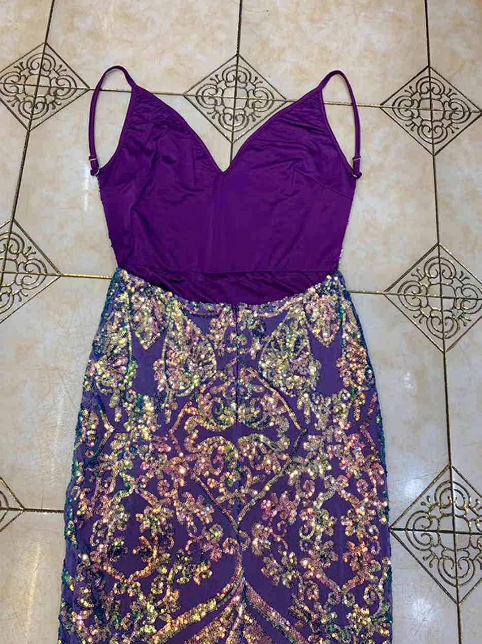 Free Women Purple Runway Bodycon Long Dress Sexy Spaghetti Strap V-neck Sequin Club Evening Party 210524