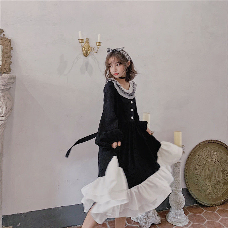 Sweet Lolita Dress Women Vintage Lace Bowknot High Waist Dresses Kawaii Japanese Girls Gothic Cosplay Loli 25928 210519