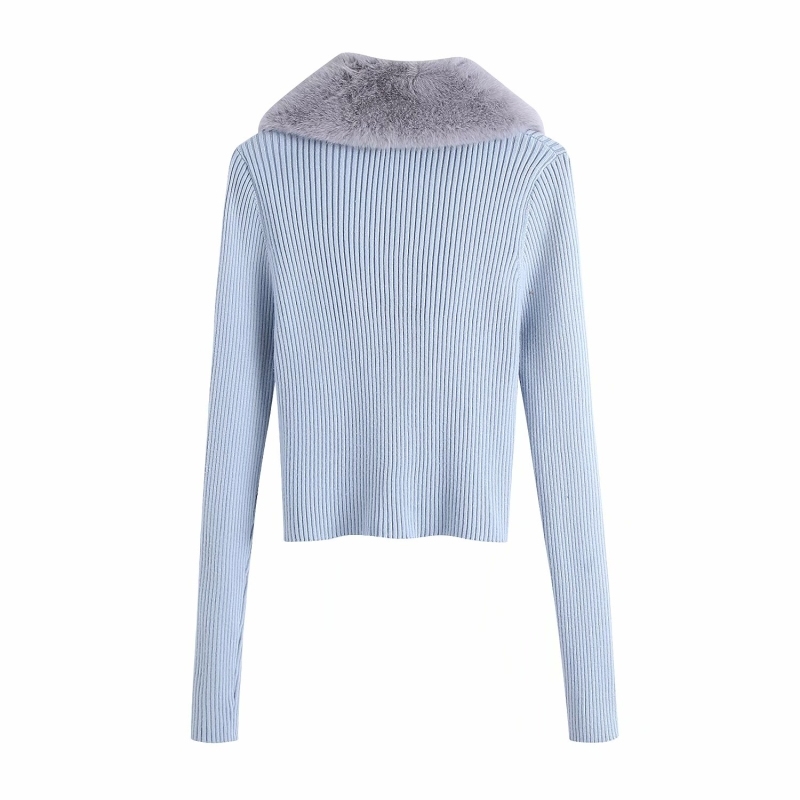 Women's Casual Patchwork Knit Sweater With Fur Collar - Blue, Autumn Chic