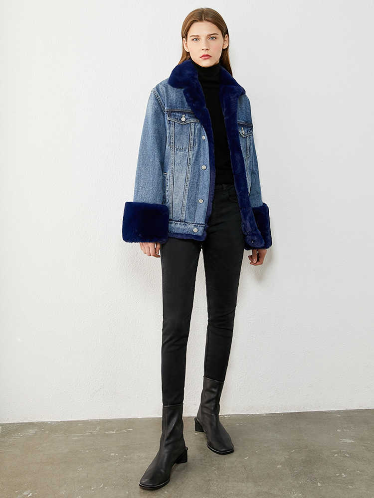 Minimalism Winter Thick Female Jacket Fashion Natural Rabbit Fur Collar Women's Denim 12070507 210527