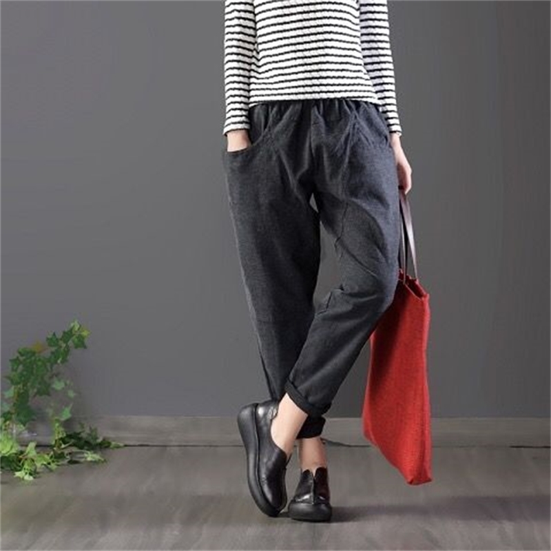 Spring Autumn Women Pants Plus Size Elastic Waist Solid Cotton Linen Harem Loose All-matched Casual Trousers Femme D154 210512