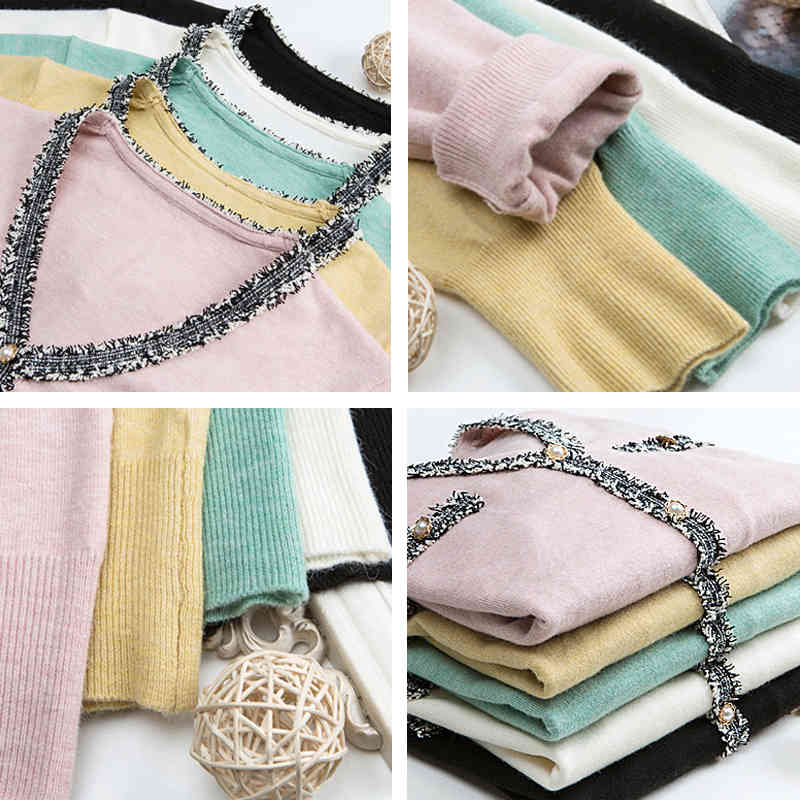 Beading Patchwork V-Neck Button Knitwear Tops For Women Slim Spring knitted Sweaters Base Shirt Elegant Long Sleeve Pullover 210522