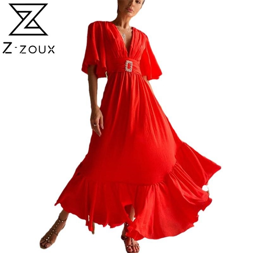 Women Dress Temperament Bohemia Sexy Long Flare Sleeve Ruffles Maxi es V Neck Belt Large Hem Beach es 210513