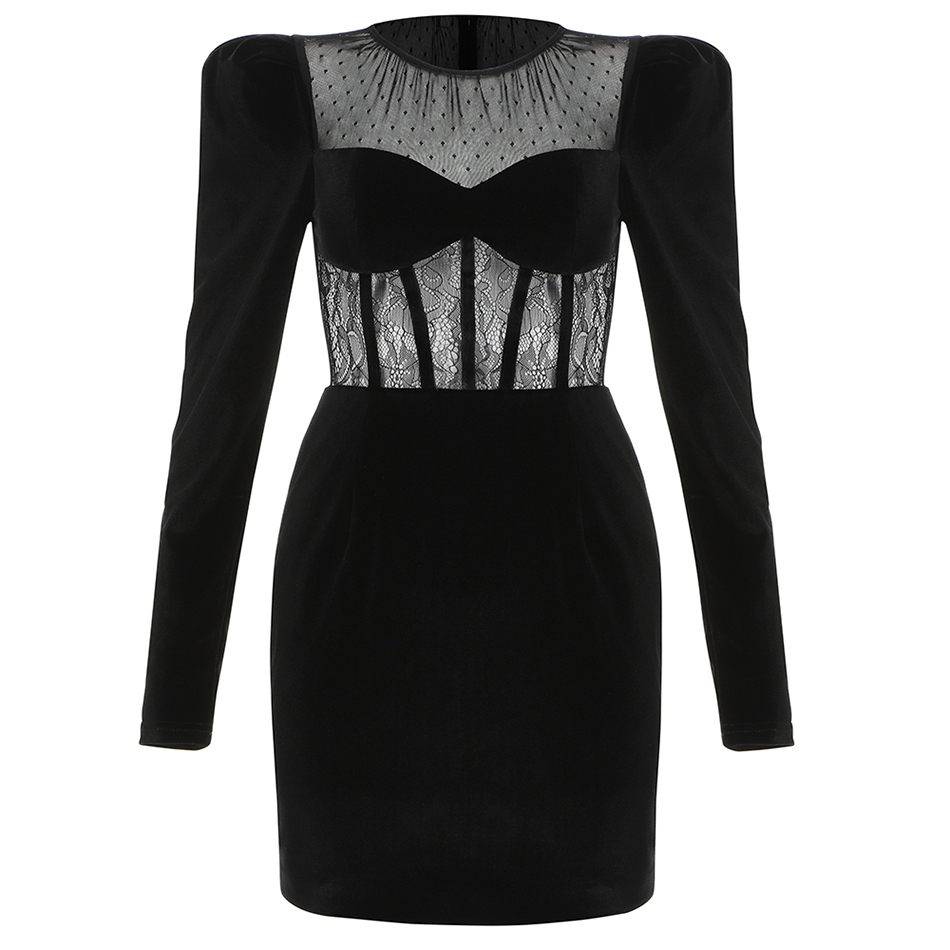 Free Spring Women's Lace Velvet Dress Sexy O-neck Long Sleeve Bodycon Club Night Party Mini Vestidos 210524