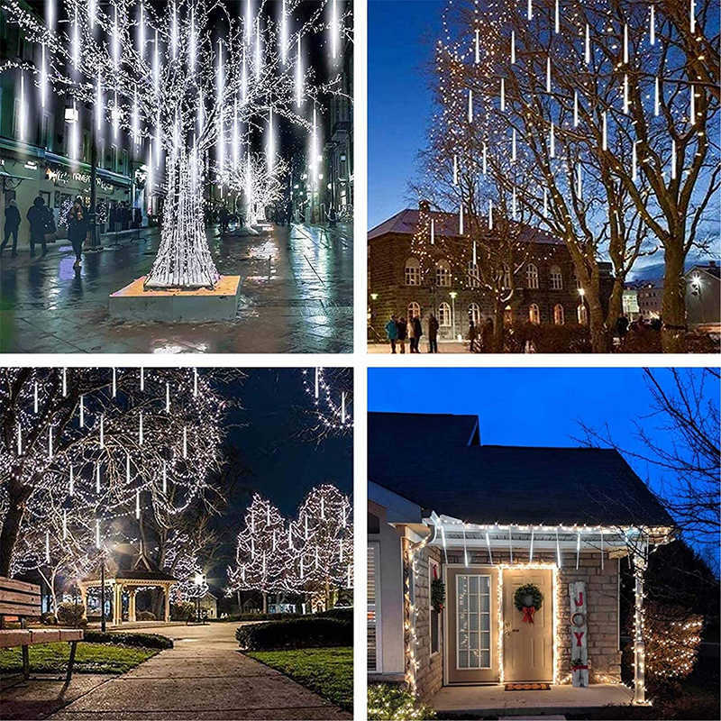 Meteor Shower Lights 30cm 8 Tubes 192 Led Falling Raindrop String Lights For Outdoor Garden Home Christmas Wedding Party Decor 211012