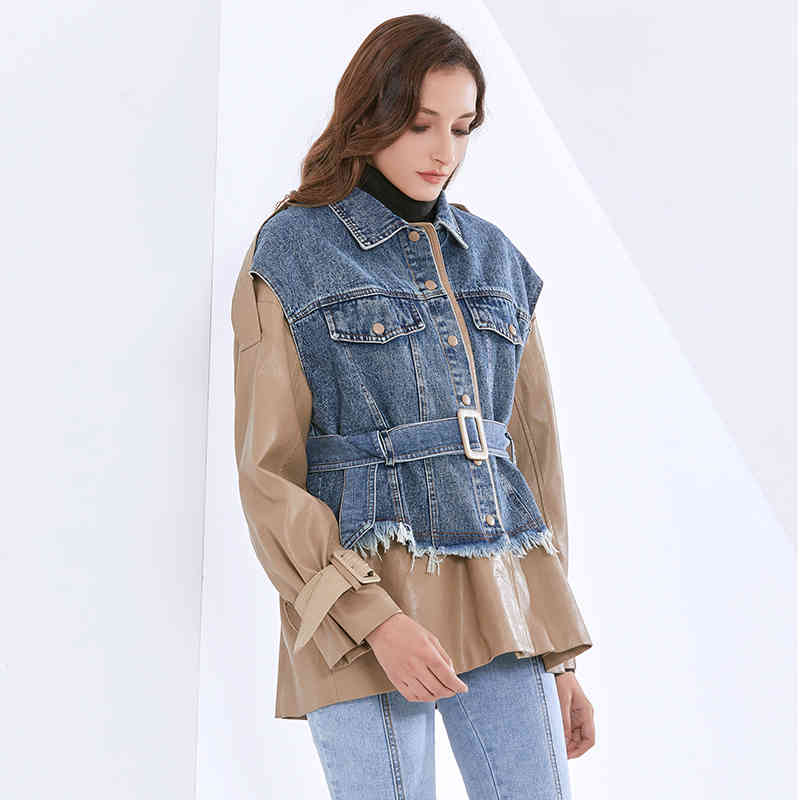 Patchwork PU Jackets For Women Lapel Long Sleeve Loose Hit Color Sashes Casual Denim Coats Female Autumn 210524