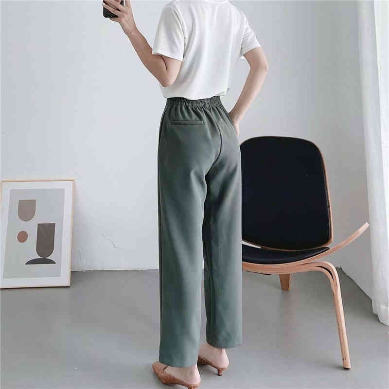 elegant women ankle length trousers fashion ladies stylish elastic waist pants female vintage green straight 210430