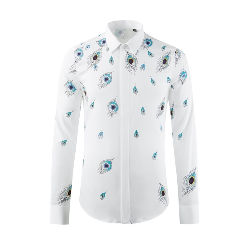 no iron anti wrinkle men's peacock feather digital printing men's long sleeve shirt 210524