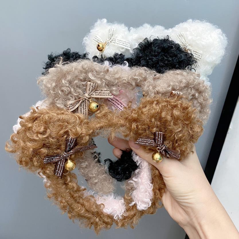 Bear Ear Bell Bowknot Fur Headband Hair Stick Accessories Cute Curly Plush Hairband Soft Fashion Hoop for Party Gift