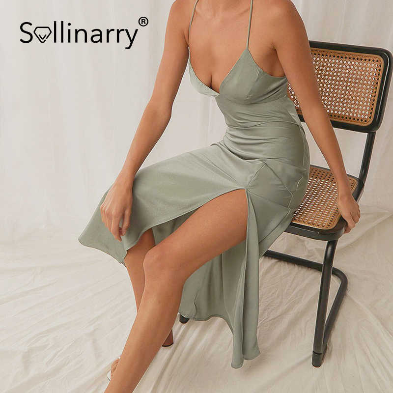Sollinarry Elegant lady party V-neck Tuxedo slim Chic style women spaghetti split long dress summer Sexy solid dresses vintage 210709