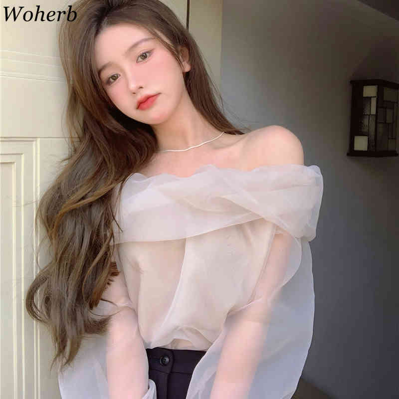 Romance Sweet Tops Blouses Sexy Off Shoulder Mesh Shirt Slim Femme Puff Sleeves Korean Chic Elegant Blusas 210519