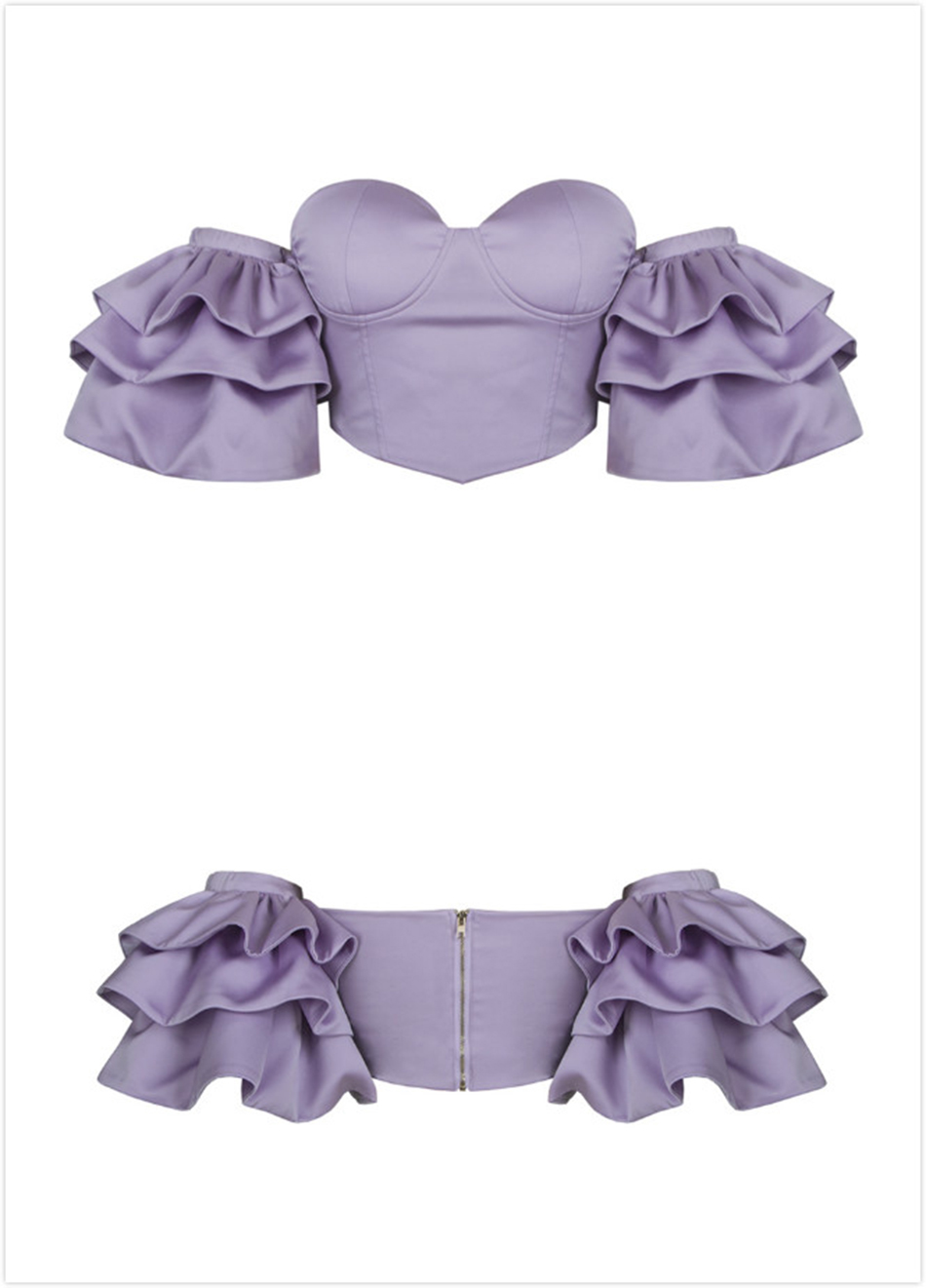 Free Chic Women's Purple Crop Top Sexy V-neck Card Shoulder Ruffle Sleeve Halter Cropped 210524