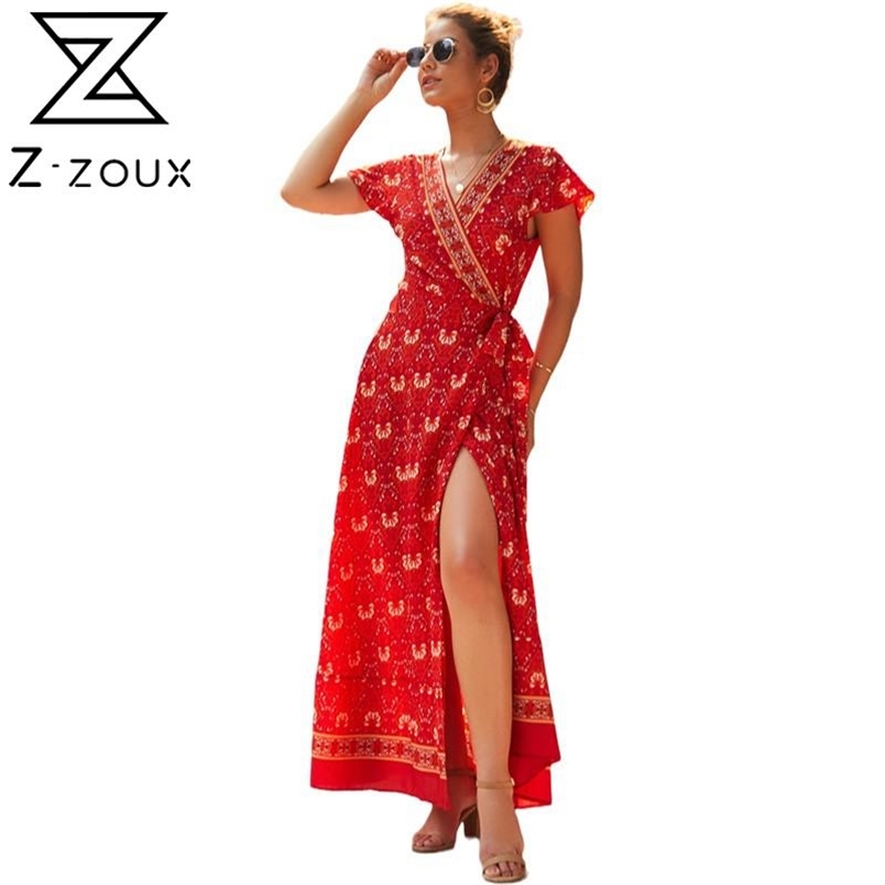 Women Dress Printed Bohemia es Sexy Long Print Floral Maxi V Neck Short Sleeve Lace Up Summer es 210513