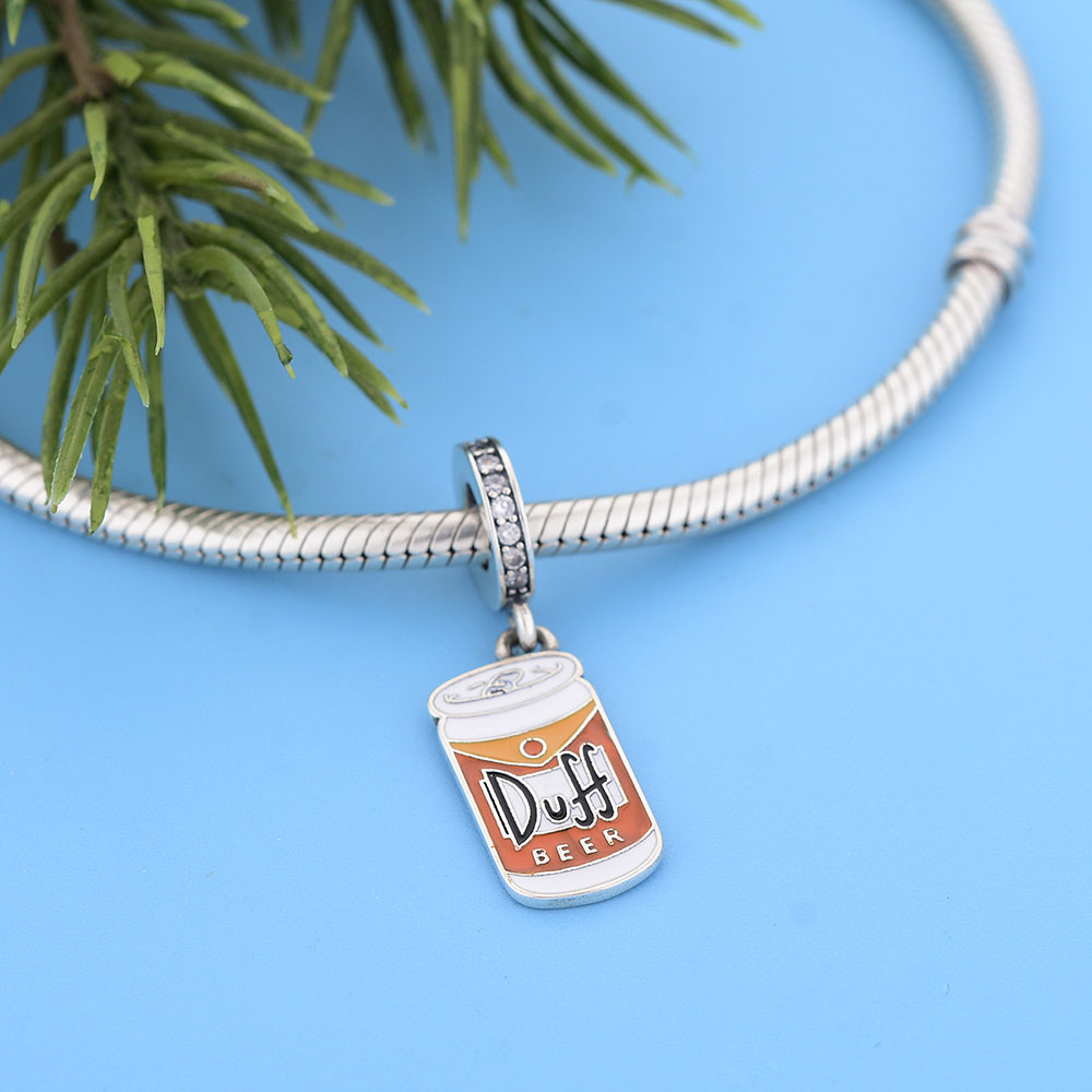 925 Sterling Silver Orange Duff Beer Can Dangle Charm Beads Fit Original PAN Bracelet Necklace For Women Making Pendant Jewelry DIY