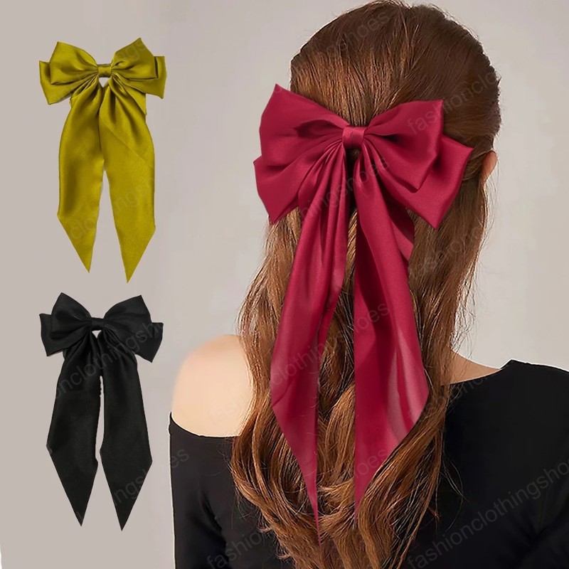 2021 Fashion Bowknot Streamer Hairpin Woman Girls Satin Ribbon Barrette Bow Back Head Spring Clip Headwear Female Hair Accessories
