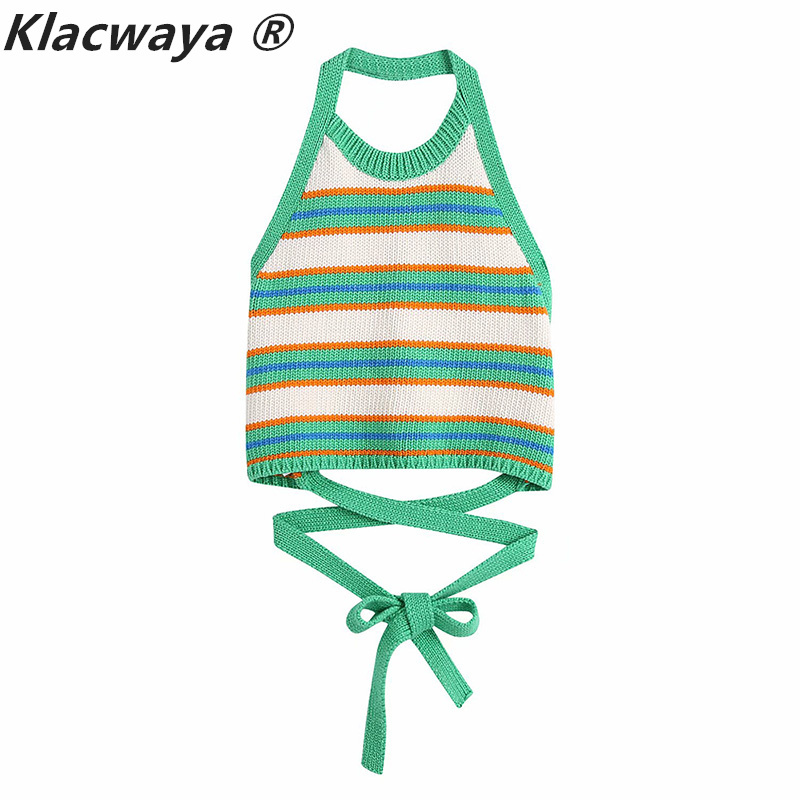 Vintage Striped Knitted Short Tank Top Women Sexy Party Backless Hater Crop Tops Fashion Streetwear Bow Vest 210521