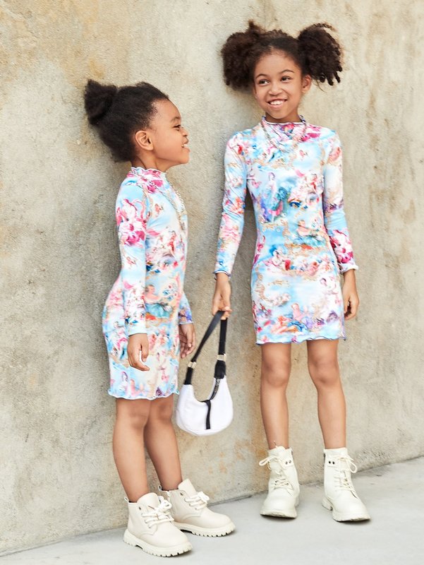 Girls 1pc Figure And Floral Print Lettuce Trim Dress SHE