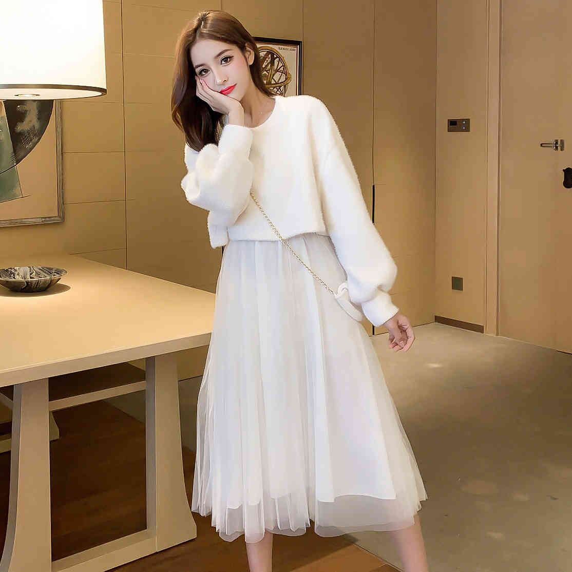 Spring Female O-neck Lantern Sleeve Knit Blouses + Strap Fairy Mesh A-line Dress With Bag Two-piece Sets Women Suits 210515