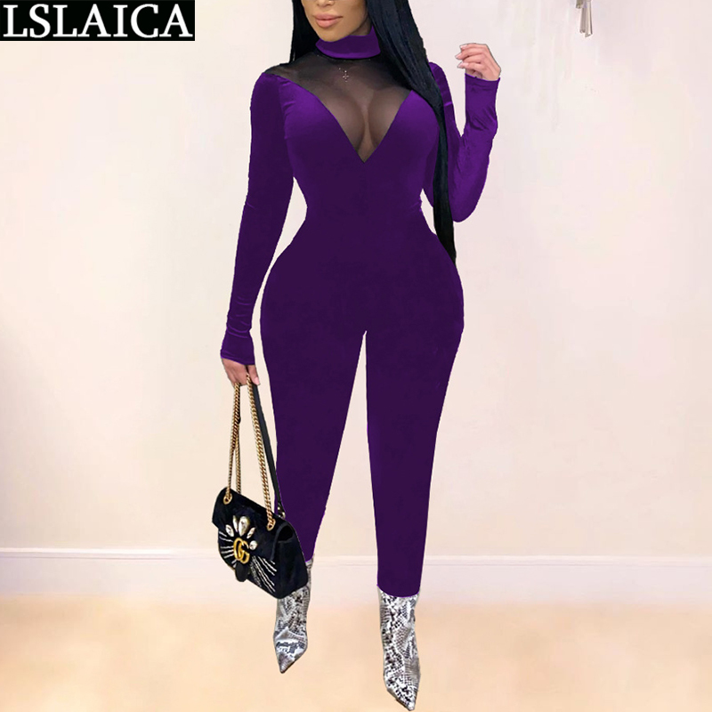 Jumpsuit Women Casual Sexy Mesh Stitching Perspective Slim Night Club Fashion Bodysuit Long Sleeve Bodys Para Mujer 210520
