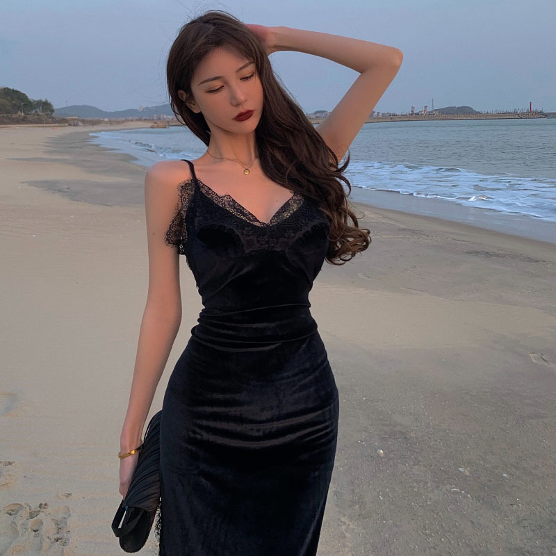 Black Vingate Strap Dress Women Sexy V-neck Lace Elegant Midi Dress Female Beach French Dress Korean Summer Y2K 210521