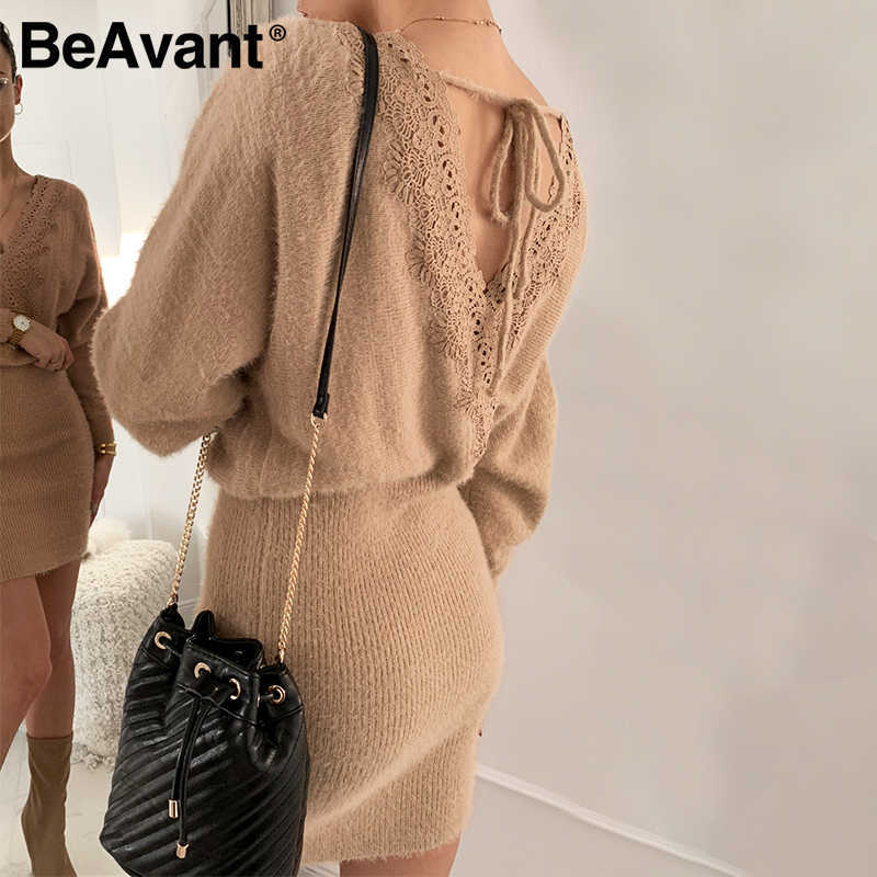 BeAvant Sexy khaki knitted backless women dress V-neck lace up bodycon short dress Office street autumn winter dress 210709